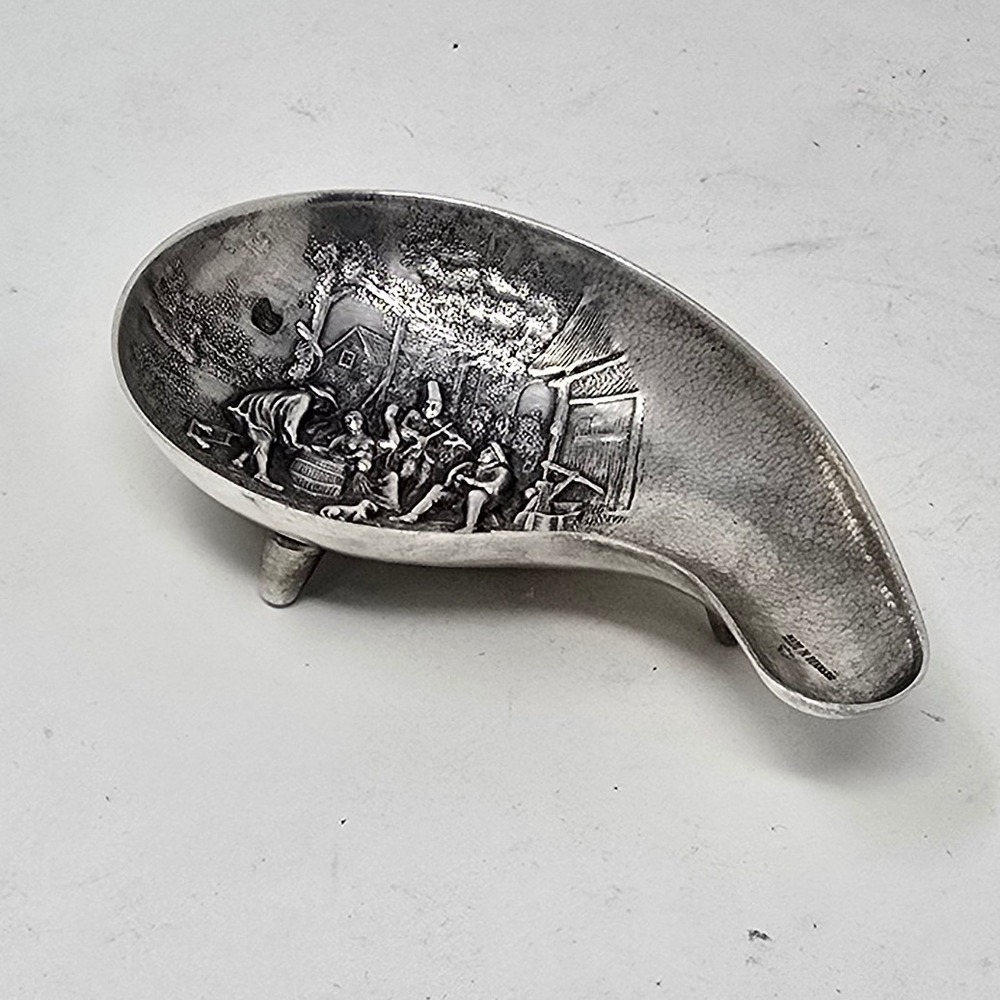 Vtg Hans Jensen Denmark silver plated embossed Tavern scene footed trinket dish